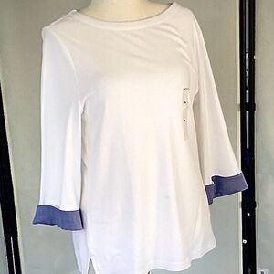 BRAND NEW WITH TAGS NAUTICA 3/4 SLEEVE TOP WITH BLUE DENIM CUFFS.  White XL